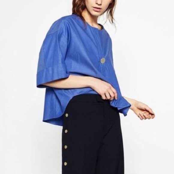 Zara Tops - Zara cropped over side blouse Blue Large Button Half Sleeve Top small